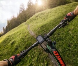 a person riding a bike down a lush green hillside